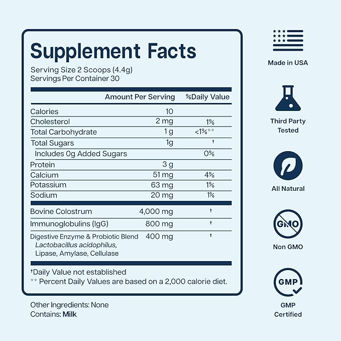 4000mg 800 IgG Grass Fed with Probiotics Bovine Colostrum Powder Supplement for Kids & Adults with Immunoglobulins (132 Grams, Unflavored)