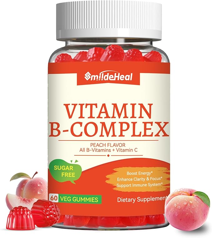 Vitamin B Complex Gummies for Women & Men - Vitamin B12, B1, B2, B3, B5, B6, B7 & B9 - B Complex with Vitamin C & Choline - Energy & Immune Support* - Vegan, Sugar Free, Peach Flavor - 60 Gummies