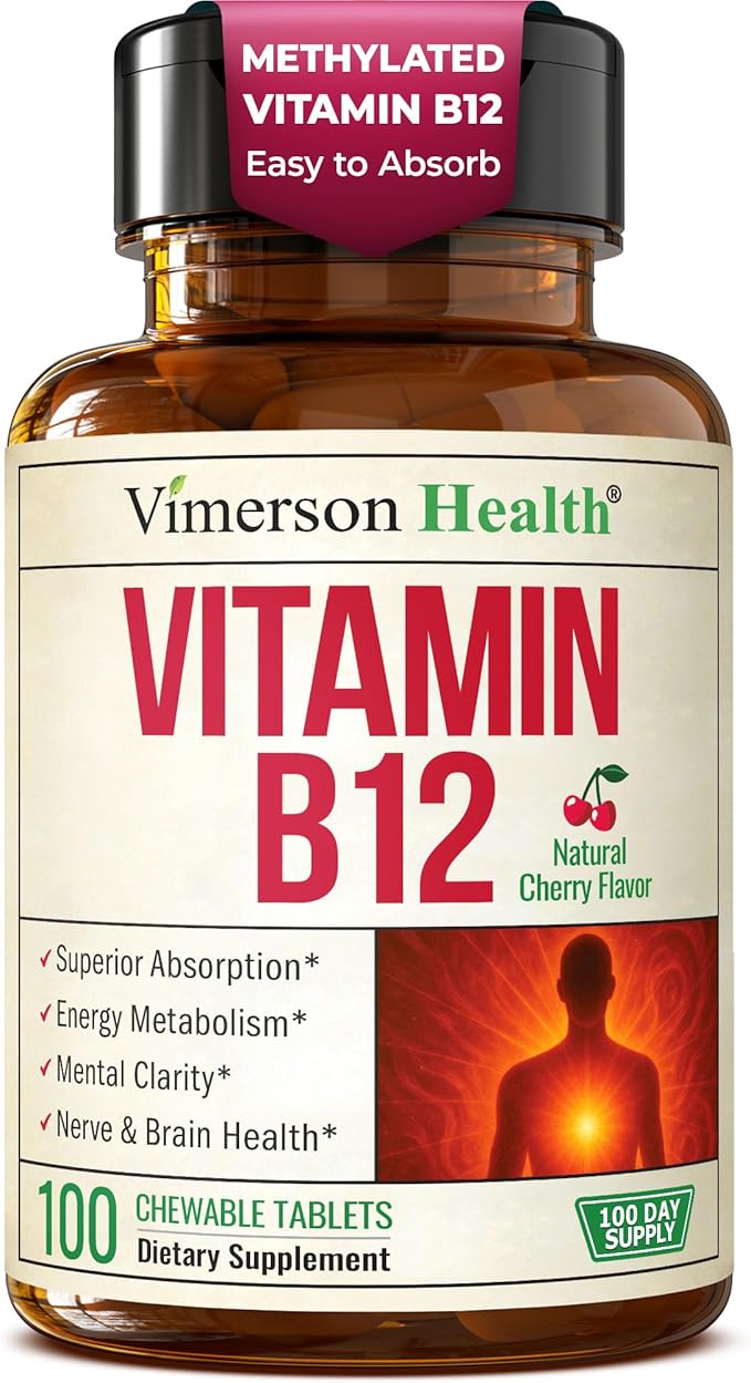Vitamin B12 1000 mcg – Chewable Methylated B12 (Methylcobalamin B12) for Energy & Metabolism Support – Methylated B Complex for Superior Absorption – 100 Natural Cherry-Flavored Tablets - Vegan