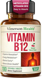 Vitamin B12 1000 mcg – Chewable Methylated B12 (Methylcobalamin B12) for Energy & Metabolism Support – Methylated B Complex for Superior Absorption – 100 Natural Cherry-Flavored Tablets - Vegan