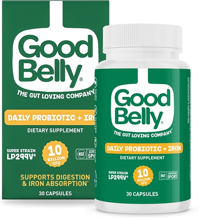 GoodBelly Probiotic Capsules for Digestive Health & Iron Absorption | Vegan Probiotic Supplement with 10 Billion Live Cultures | Probiotics for Women & Men | 30 Capsules