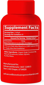 Advanced Bionetix Triple Strength AstaQuil™ Astaxanthin 12mg High Bioavailability Formula, 60 Softgels Organic Coconut Oil for Enhanced Absorption. Powerful Antioxidant for Eye, Joint & Heart Health