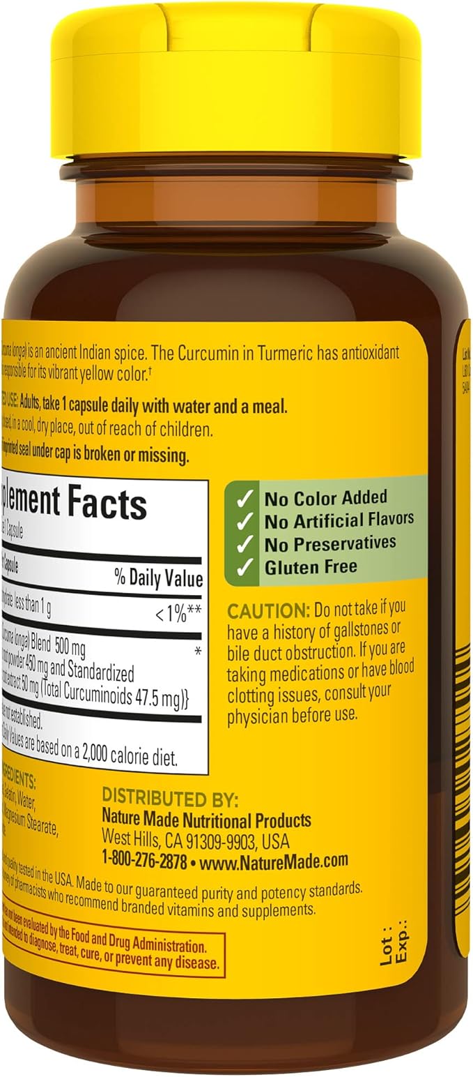 Nature Made Turmeric Curcumin 500 mg, Herbal Supplement for Antioxidant Support, 60 Capsules, 60 Day Supply