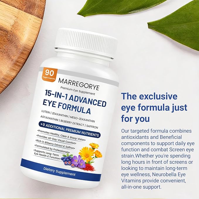 Neurobella Eye Care Formula, 15-in-1 Advanced Eye Care Formula, Eye Nutrition Support Capsules. Contains Lutein, zeaxanthin, Bilberry and Multiple Vitamins. Neurobella Eye Vitamins, 90 Capsules.