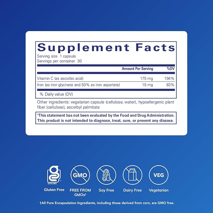 Pure Encapsulations Iron-C - 15 mg - 175 mg Vitamin C - Red Blood Cell Support* - Energy Production - Highly Bioavailable Iron Pill - Gluten Free & Vegan - 30 Capsules