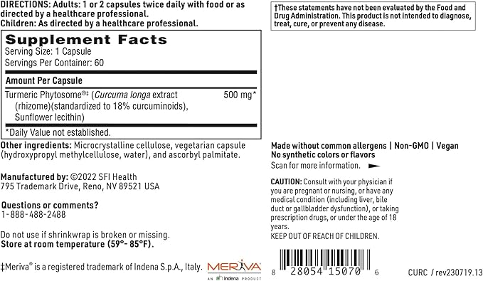Klaire Labs SFI Health CurcuThera - 500 Milligrams Meriva Curcumin Complex with 29x Higher Bioavailability & Patented Phytosome Delivery Technology, Hypoallergenic, Vegan (60 Capsules)