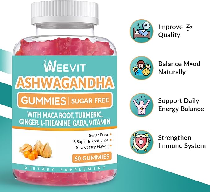 Ashwagandha Gummies, Ashwagandha with L-Theanine, Maca Root, Vitamin D for Women & Men