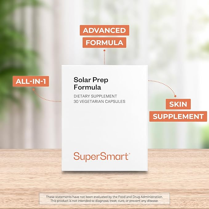 Supersmart Solar Prep Formula (Advanced Formula) - with Beta Carotene, Biotin - Skin Supplement | Gluten Free & Vegetarian Friendly - 30 Capsules