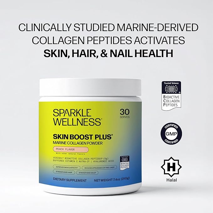 Sparkle Wellness Marine-derived VERISOL Bioactive Hydrolyzed Collagen Peptides | Collagen Powder Supplement with Vitamin C & Hyaluronic Acid | Marine Skin Boost Plus (Peach) [30-Serves]