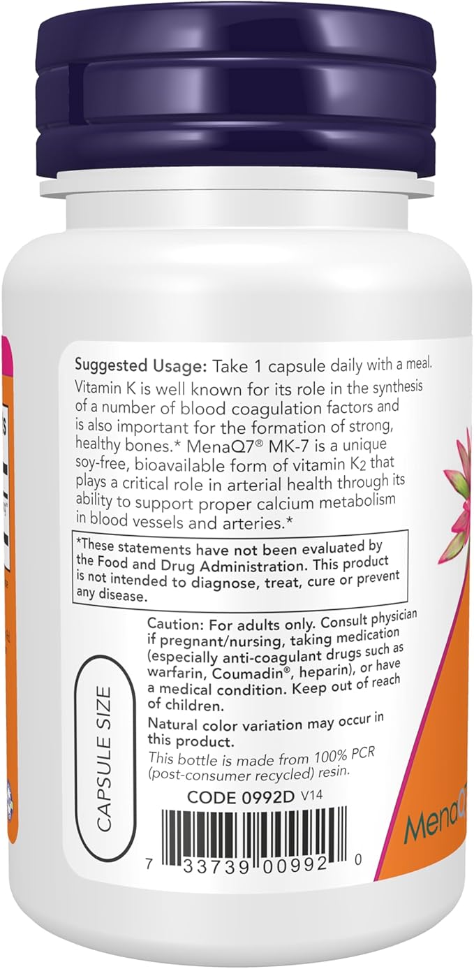 NOW Foods Supplements, MK-7 Vitamin K-2 100 mcg, Cardiovascular Support*, Supports Bone Health*, 60 Veg Capsules
