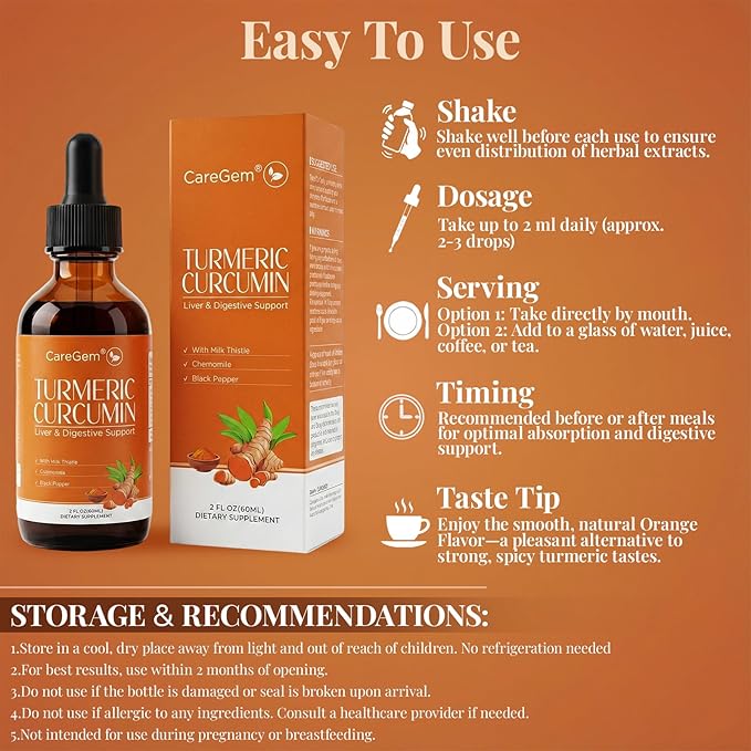 Turmeric Curcumin Complex Liquid Drops with Milk Thistle, Dandelion & Chamomile | High-Absorption Herbal Blend with Black Pepper & Ginger | Orange Flavor | 2 fl oz