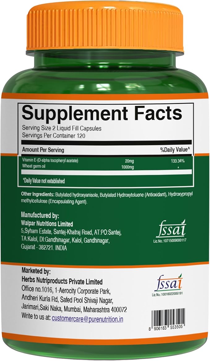 Pure Nutrition Vitamin E with Wheatgerm Oil, 1020mg |240 Caps | Natural Source of Vitamin E | Hair and Skin Supplement | Non GMO