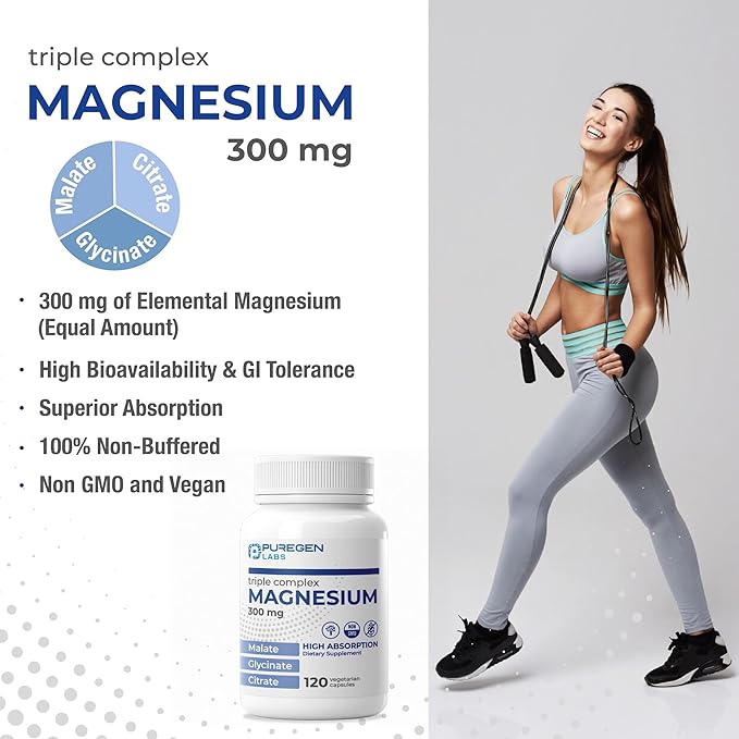 Puregen Labs Triple Magnesium Complex 300mg of Magnesium Glycinate, Malate, & Citrate [High Absorption] 120 Veg Capsules | No Harmful Additives | Non-GMO, NO Gluten and Dairy