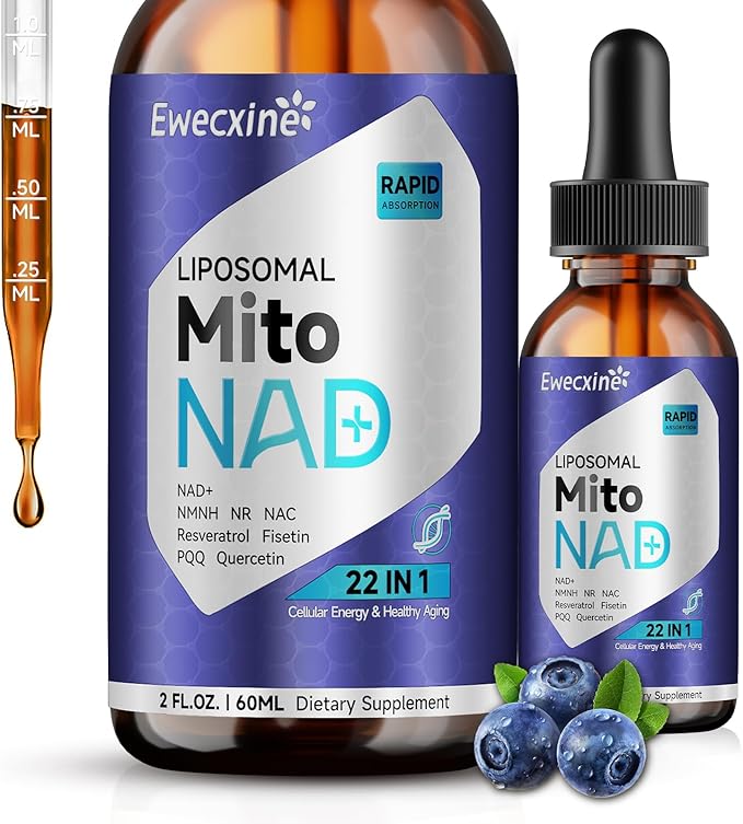 Liposomal NAD+ Liquid Drops, NAD+, NR & NMNH Supplement and Mitochondrial Health, 22-in-1 for Healthy Aging, Nerve & Energy Support, with Resveratrol, Quercetin, CoQ10 – for Women, 60ml