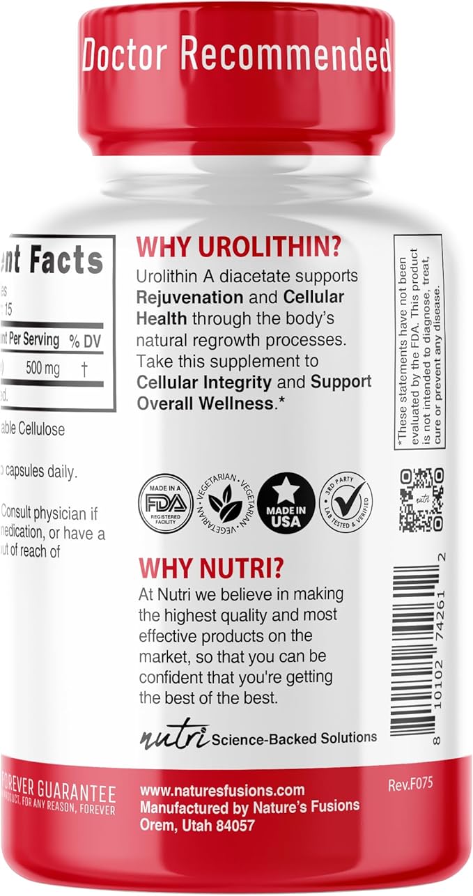 Nutri Urolithin A Supplement 500mg - Powerful Antioxidant, Health & Wellness Booster - 3rd Party Tested - 500 mg Urolithin A Diacetate - 30 Vegan Capsules 2 Week+ Supply - NSF cGMP Certified Facility