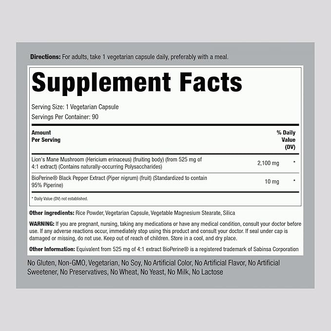 Piping Rock Lions Mane Supplement Capsules | 90 Count | with Black Pepper | Mushroom Fruiting Body Extract | Hericium Erinaceus | Vegetarian, Non-GMO, Gluten Free