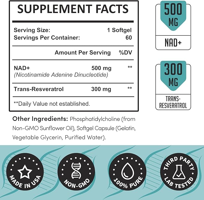 Liposomal NAD+ 800 mg with Trans-Resveratrol 300 mg, Max Absorption, Actual NAD+ Boosting Supplement for Healthy Aging, Cellular Energy, DNA Repair, Longevity - 120 Softgels