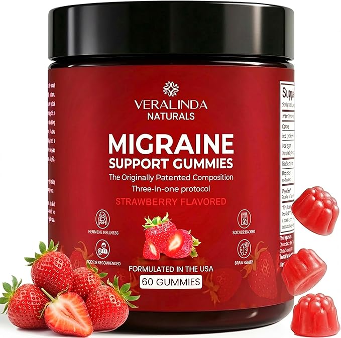 Veralinda Migraine Gummies – Original Triple Protocol Formula, 60 Gummies with Magnesium, Riboflavin B2 & Feverfew – Natural Brain Health Supplement for Migraine Wellness Support for Women & Men