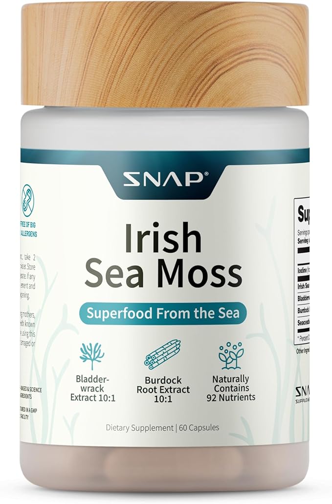 Snap Supplements Irish Sea Moss with Bladderwrack, Burdock Root & Iodine – Natural Sea Moss Supplement to Support Gut Health, Energy & Healthy-Looking Skin, 60 Vegan Capsules (1 Month Supply)