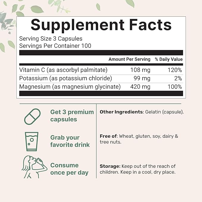 ﻿Pure Potassium Supplement with Magnesium Glycinate, 300 Capsules | Enhanced with Fat-Soluble Vitamin C | Chloride + Glycinate Mineral Electrolyte Complex | Only Active Ingredients | Filler Free