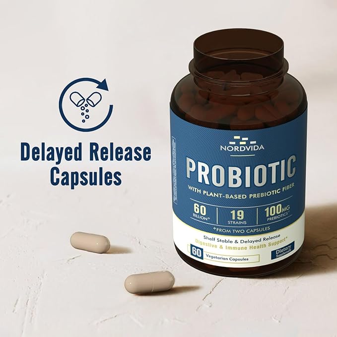 Probiotic 60 Billion 19 Strains with Organic Prebiotic for Men & Women, Digestive & Immune Health, Non-GMO, No Dairy, Shelf Stable, Delayed Release, 60 Vegan Caps