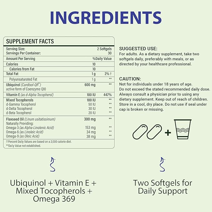 CoQ10 600mg Softgels | High Absorption CoQ10 Ubiquinol Supplement | Reduced Form Enhanced with Vitamin E & Omega 3 6 9 | Antioxidant Powerhouse Good for Health | 180 Soft