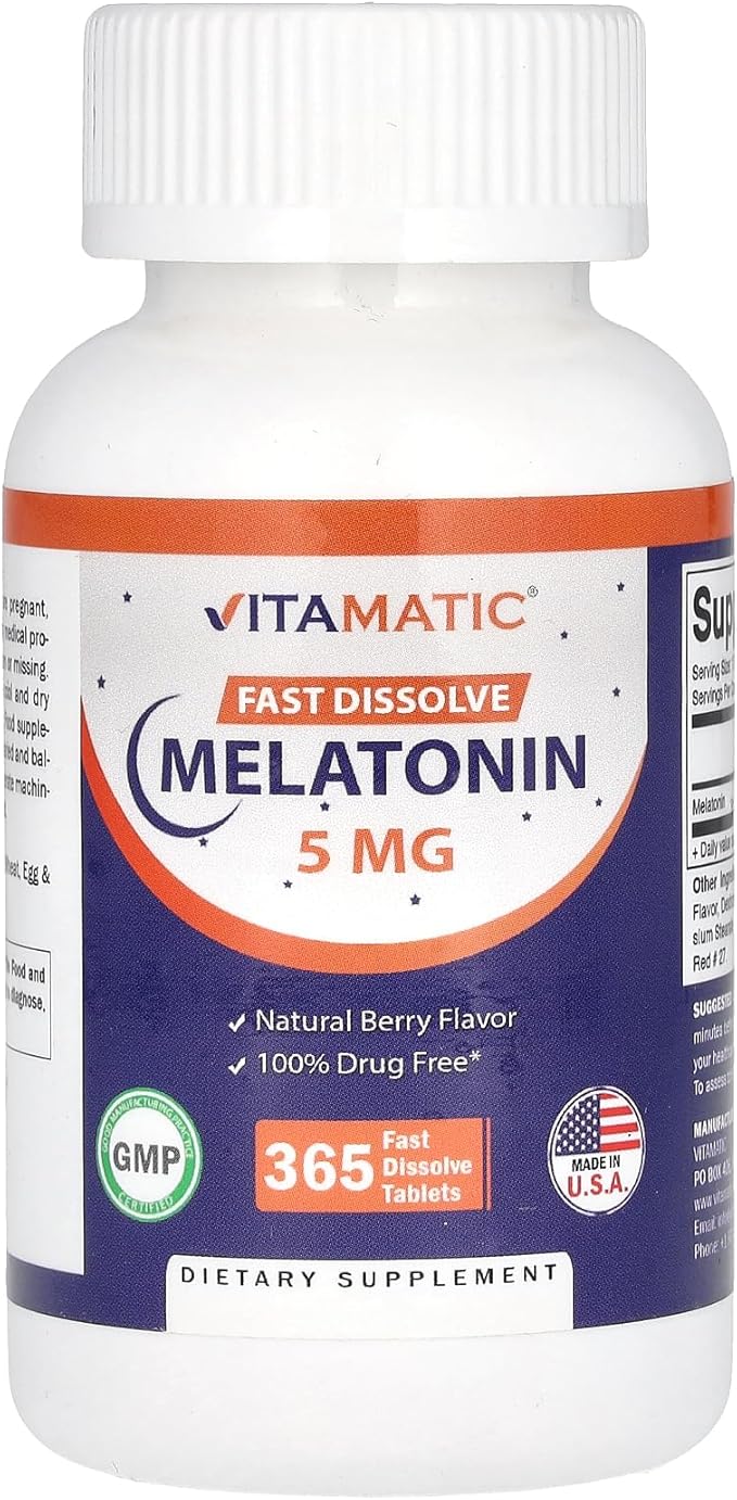 Vitamatic Melatonin 5 mg Tablets | Vegetarian, Non-GMO, Gluten Free | 1 Year Supply | Natural Berry Flavor - 365 Tablets