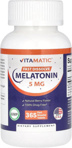 Vitamatic Melatonin 5 mg Tablets | Vegetarian, Non-GMO, Gluten Free | 1 Year Supply | Natural Berry Flavor - 365 Tablets