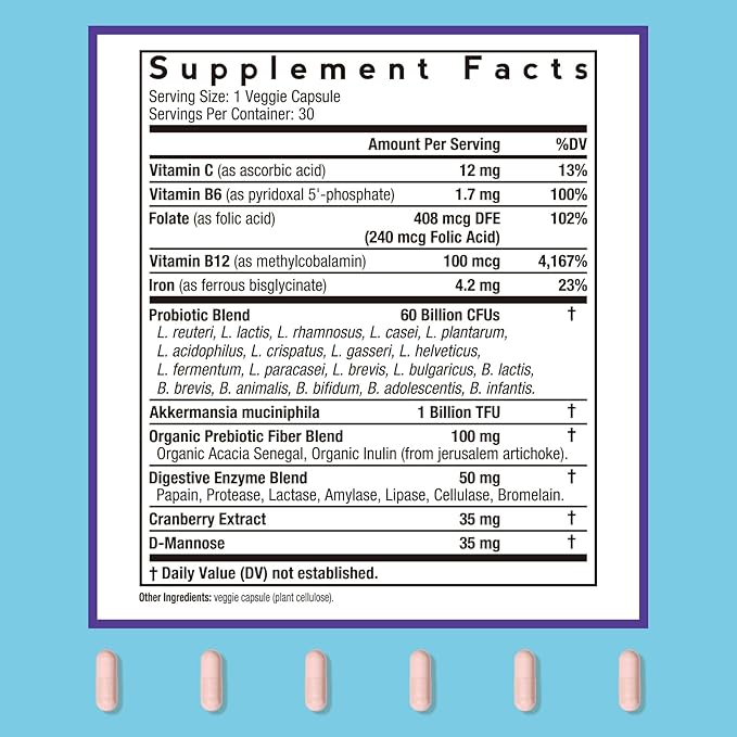 Doctor's Recipes Probiotics for Women, Akkermansia Muciniphila, Prebiotics, Cranberry, D-Mannose, Iron, Folate, VC, B6, B12, 60 Billion CFU, Vaginal, Digestive, Immune Health, 30 Vegan Capsules