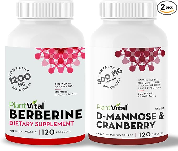 Plantvital Bundle Power Duo: Berberine 500mg-120 Capsules for Immunity & Cardio Health and D Mannose with Cranberry 1000mg-120 Capsules for Urinary Tract Support -Vegan, Non-GMO.