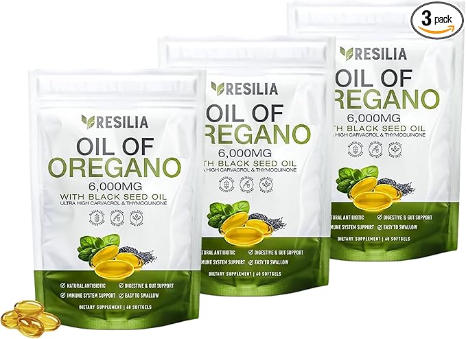 Softgels with Black Seed Oil 6000mg – Organic Oregano Oil Capsules for Immune & Digestive Support – Non-GMO, Gluten-Free Softgels – 180 Count (Pack of 3)