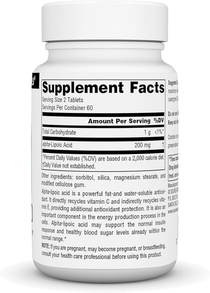 Source Naturals Alpha Lipoic Acid Supports Healthy Sugar Metabolism, Liver Function & Energy Generation* - 100 mg - 120 Tablets