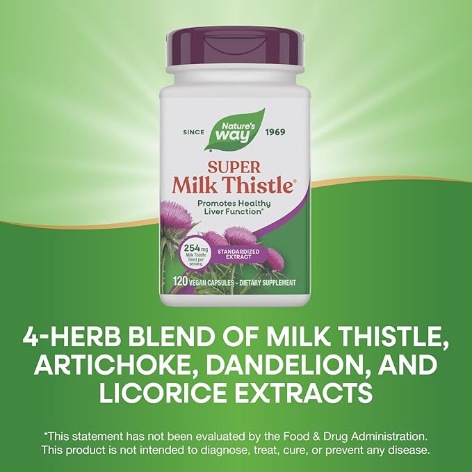 Nature's Way Super Milk Thistle, Promotes Healthy Liver Function*, With Artichoke Leaf, Dandelion Root & Licorice Root Extracts, Milk Thistle Extract, Gluten Free, 120 Capsules (Packaging May Vary)