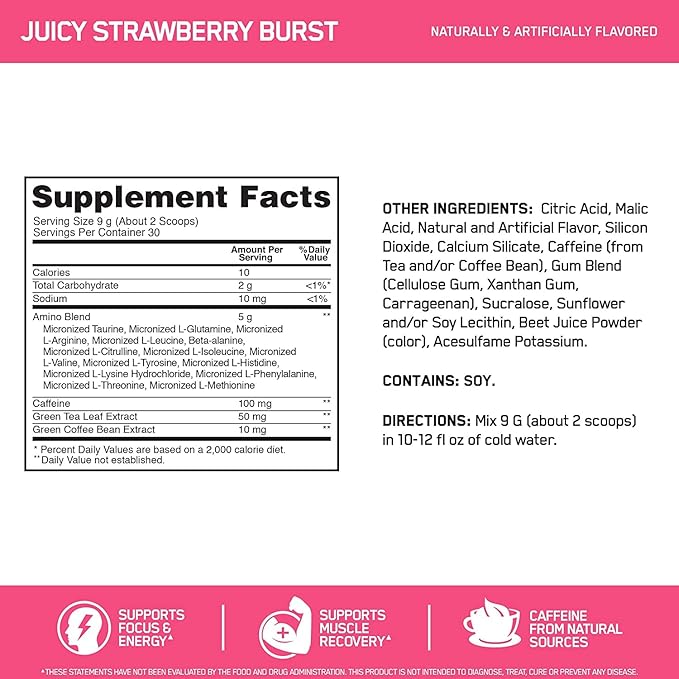 Optimum Nutrition Amino Energy-Pre Workout with Green Tea,BCAA,Amino Acids,Keto Friendly,Green Coffee Extract,Energy Powder-Juicy Strawberry Burst,9.5Ounce,30 Servings,(Pack of 6),(Packaging May Vary)