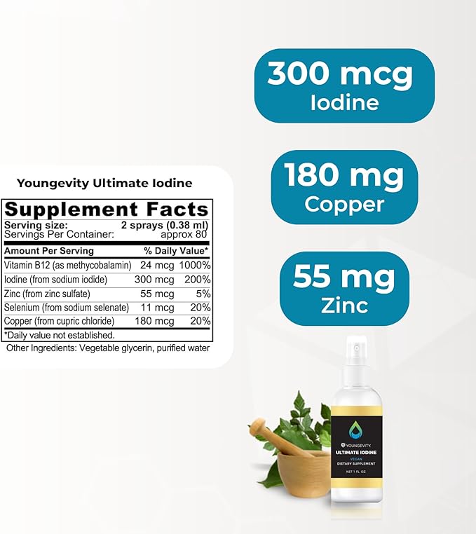 Youngevity Ultimate Iodine Supplement – Vegan Supplement with 300 mcg Iodine, B12, Zinc, Selenium & Copper – Liquid for Energy, Metabolism, Hormone Balance – Non-GMO, Gluten-Free
