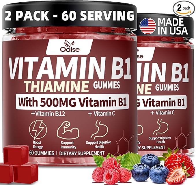 （2 Pack） Thiamine Vitamin B1 Gummies - 500g Vegan Sugar Free Thiamine Supplement, with Natural Mixed Berries Flavor for Adults & Kids (120 Counts)