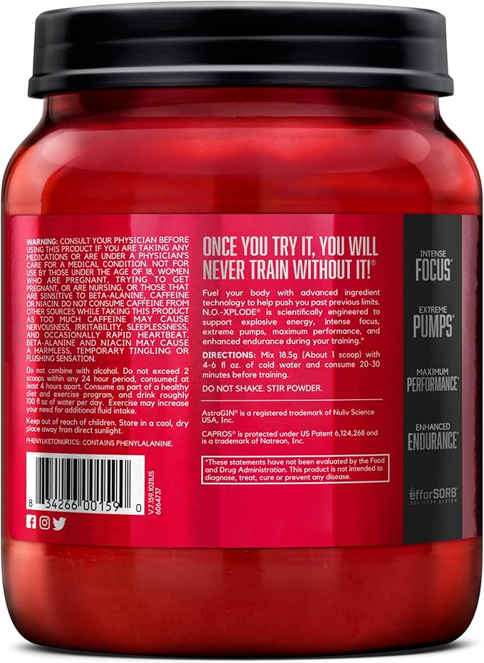 BSN N.O.-XPLODE Pre Workout Powder, Energy Supplement for Men and Women with Creatine and Beta-Alanine, Grape, 60 Servings, 2.45 Pound (Packaging May Vary)