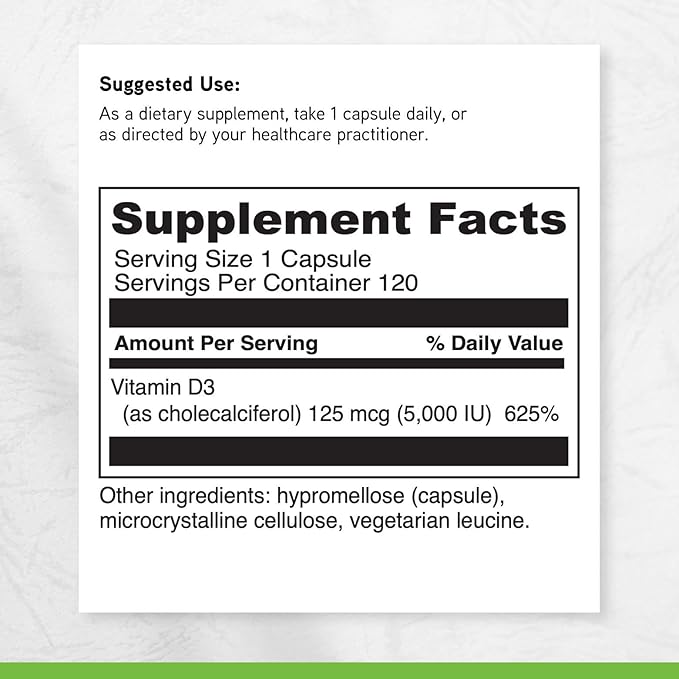 DAVINCI Labs Vitamin D3 5000 IU - Dietary Supplement to Support Healthy Teeth and Bones, Cardiovascular Function, and Immune Health* - with 5000 IU per Serving - Gluten-Free - 120 Capsules