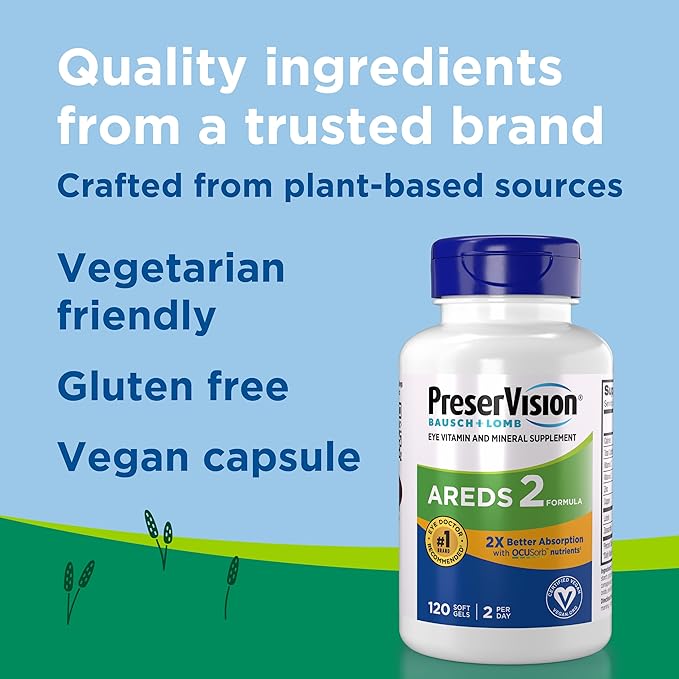 PreserVision AREDS 2 Eye Vitamin & Mineral Supplement with OCUSorb,120 Vegan Soft Gels,Contains Lutein,Zeaxanthin,Vitamin C & E,Zinc,&-Copper,Eye Health Supplements for Adults,(Pack of 2)