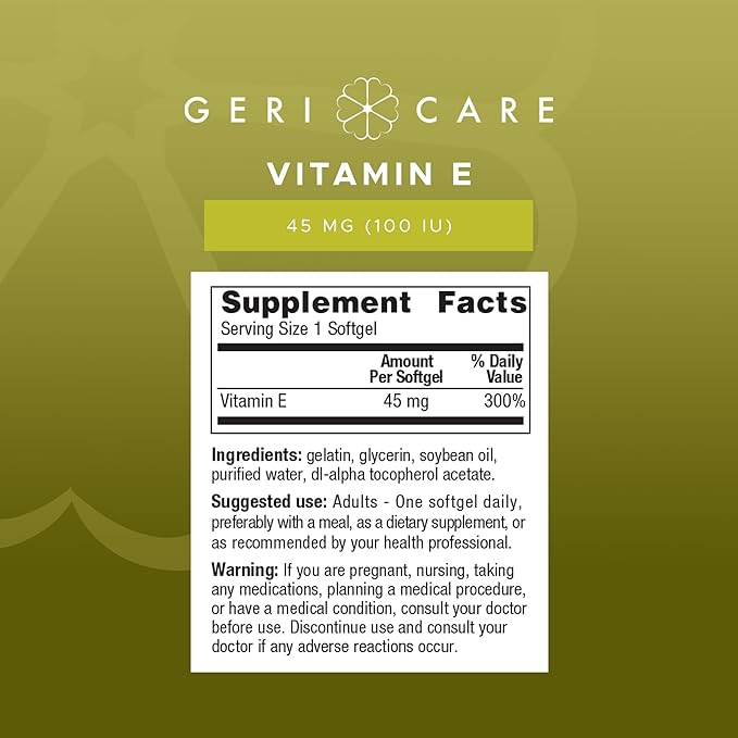 GeriCare High-Potency Vitamin E Capsules – 100 IU for Skin & Immune Support, 45mg | 100 Count | Organic Vitamin E for Women and Men