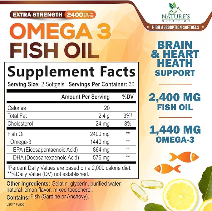Omega 3 Fish Oil Supplements - 2400mg Fish Oil Per Serving - Triple Strength Omega-3 with EPA & DHA Fatty Acids - Natural Heart, Brain & Immune Support - Wild Caught, Bottled in USA - 60 Softgels