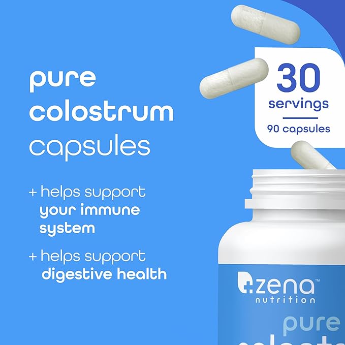 Zena Nutrition Pure Colostrum Capsules, 1500mg Supplement, Grass Fed Bovine Colostrum, Supports Immune and Digestive Health, Promotes Gut Health, Gluten Free, Fat Free, 1 Month Supply, 90 Capsules