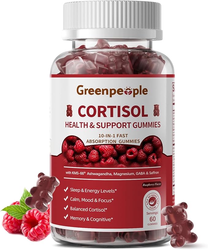 GREENPEOPLE Cortisol Supplements for Women & Men - Cortisol Reducer Detox Manager w/KSM-66 Ashwagandha/Magnesium/L-theanine/GABA/Vitamin B6 for Mood/Sleep/Stress Relief 60 CT Raspberry Flavor Gummies