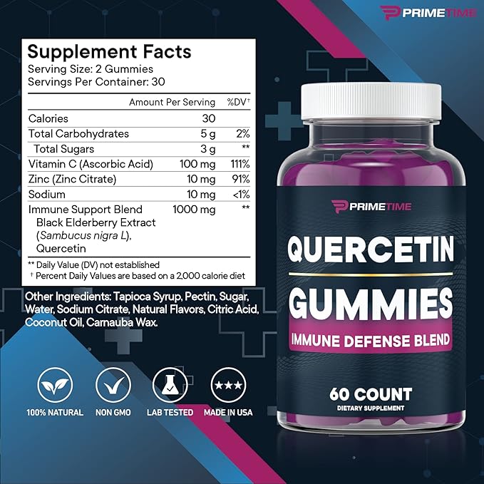 Primetime Sports Quercetin, Zinc,Vitamin C 1000mg Gummies Supplements with Elderberry, Flavonoid Vitamin for Kids Adults Immunity, Immune Support Gummy Booster 60 Count (Pack of 2)