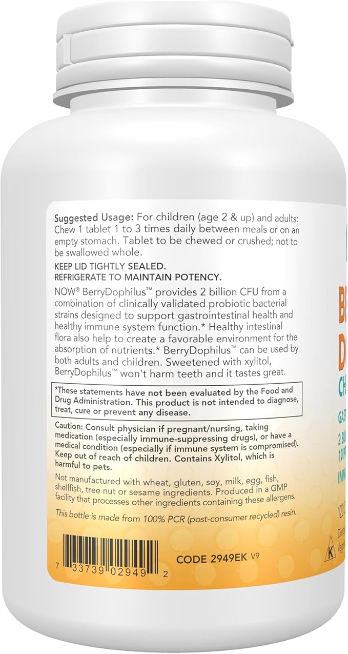 NOW Foods Supplements,BerryDophilus™ with 2 Billion,10 Probiotic Strains,Xylitol Sweetened,Strain Verified,120 Chewables,Packaging May Vary,(Pack of 2)