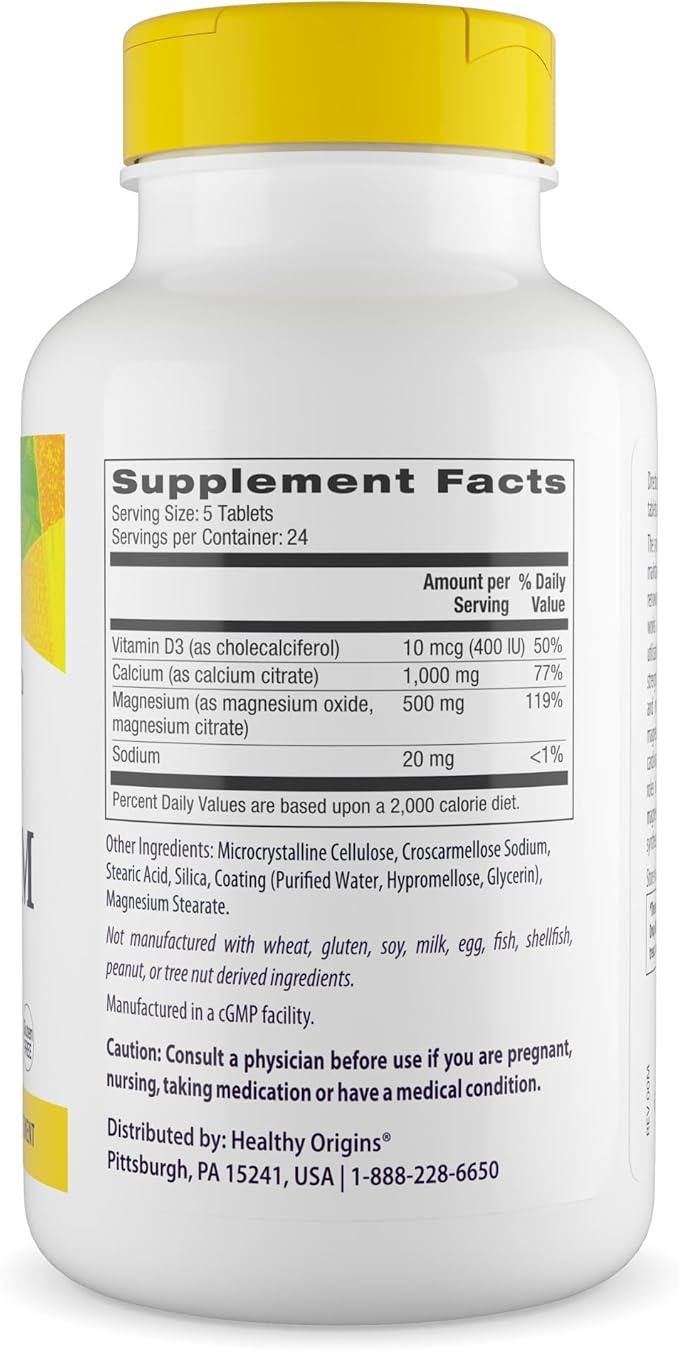 Healthy Origins Calcium Magnesium with Vitamin D3 – 120 Tablets – Third-Party Tested Bone & Immune Support Supplement – Non-GMO, Gluten Free – Promotes Strong Bones, Teeth & Muscle Function