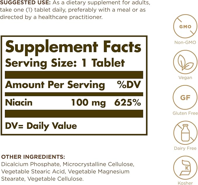 Solgar Niacin (Vitamin B3) 100 mg - 100 Tablets - Supports Energy Metabolism - Non-GMO, Vegan, Gluten Free, Dairy Free, Kosher - 100 Servings