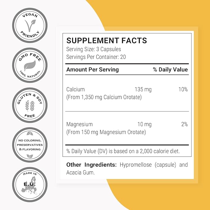 SuperSmart - Calcium Orotate with Magnesium Orotate 9:1 (Highly Bioavailable) - Advanced Teeth & Bones Strength Supplement | Non-GMO & Gluten Free - 60 Vegetarian Capsules