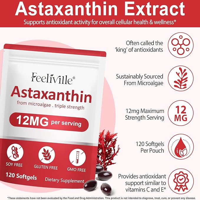 VOFANK Astaxanthin 12mg, Premium Astaxanthin Supplements with Antioxidant Activity, Supports Eye, Joint, Immune, Skin Health, Internal Circulation, Non-GMO & No Gluten 120 Softgels
