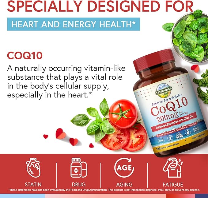 Terranics CoQ10 200mg, Coenzyme Q10 Supplement with Extra Virgin Olive Oil for Enhanced Absorption, Made in USA, Supports Heart Health, Antioxidant Protection, Energy Production, Non-GMO, 120 Softgels